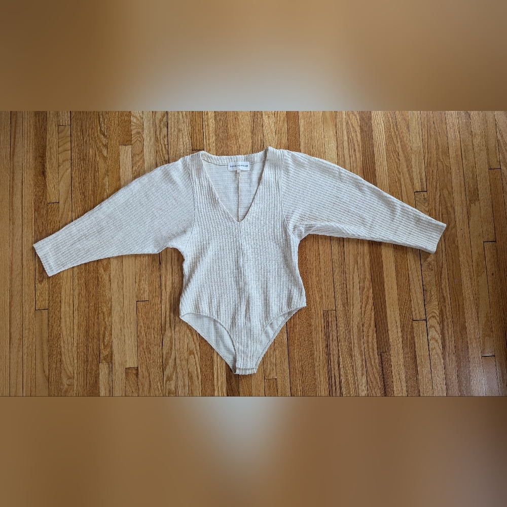 Mara Hoffman Cream Bodysuit with V-Neck and Long Sleeves